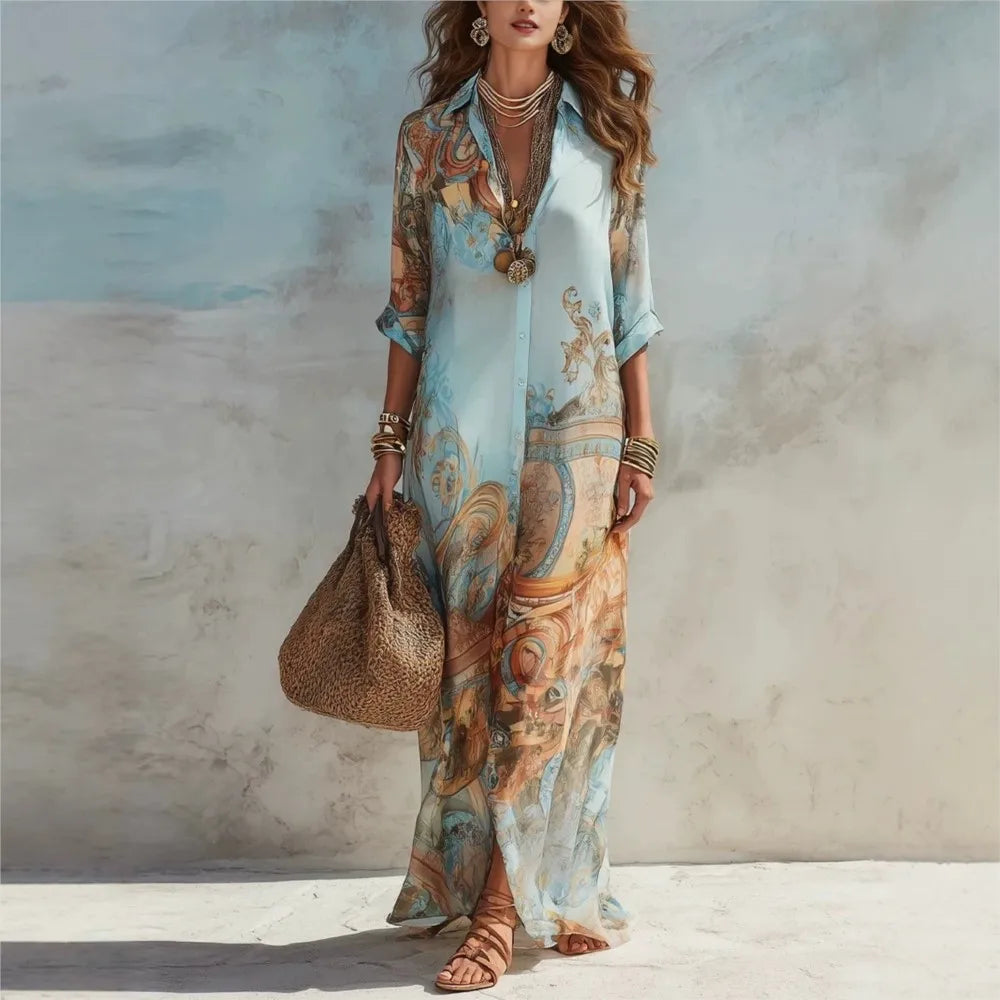Spring Summer Retro Printed Long-sleeved Shirt Women
