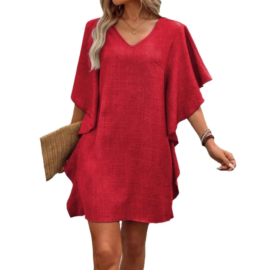 Summer Linen V-Neck Loose Dress, Casual Cape Sleeve Solid Color Vacation Short Tunic Dress