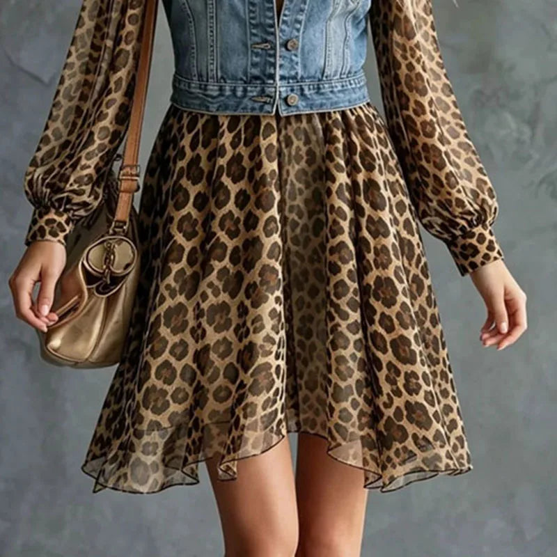 Women Leopard Print Mesh Mini Dress Puff Sleeve A Line Flowy Dress Vest Jacket Patchwork Dress New Holiday Western Cowgirl Dress