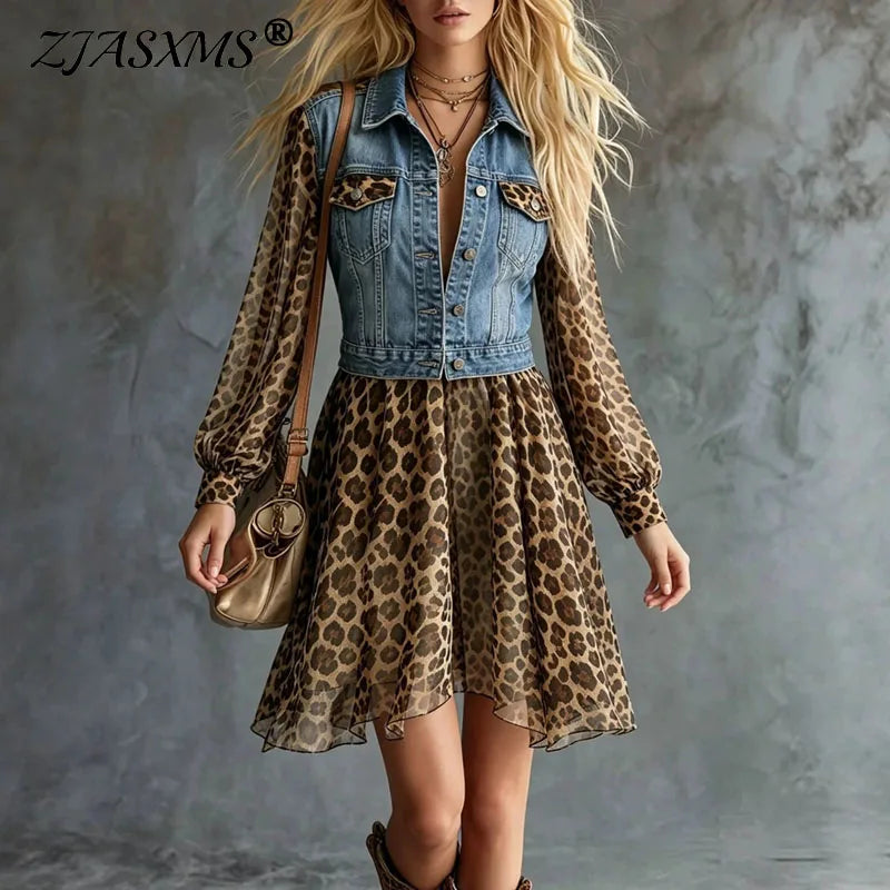Women Leopard Print Mesh Mini Dress Puff Sleeve A Line Flowy Dress Vest Jacket Patchwork Dress New Holiday Western Cowgirl Dress