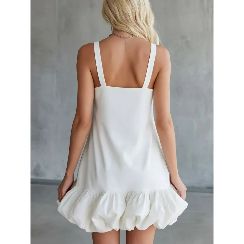 Womens Summer V Neck Ruffle Mini Dress Bohemian Sleeveless Casual Loose A Line Flowy Sun Dress for Beach Vacation Party
